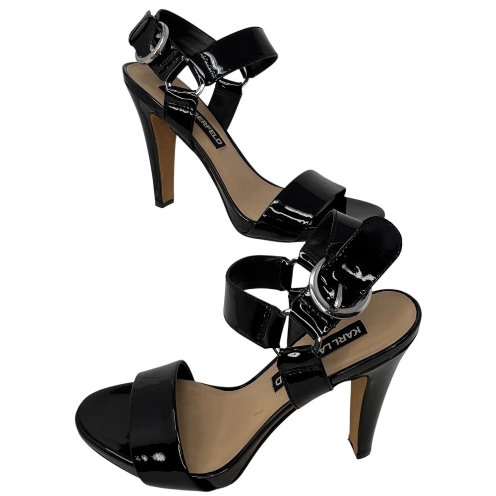 Karl Lagerfeld Paris Cieone Black Patent Leather Ankle Strap Heels 6.5M